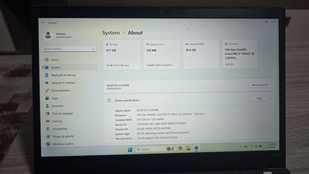 Laptop Lenovo Thinkpad T14s, i7 gen11, 16Gb, ssd 512Gb, 14.1 Fhd