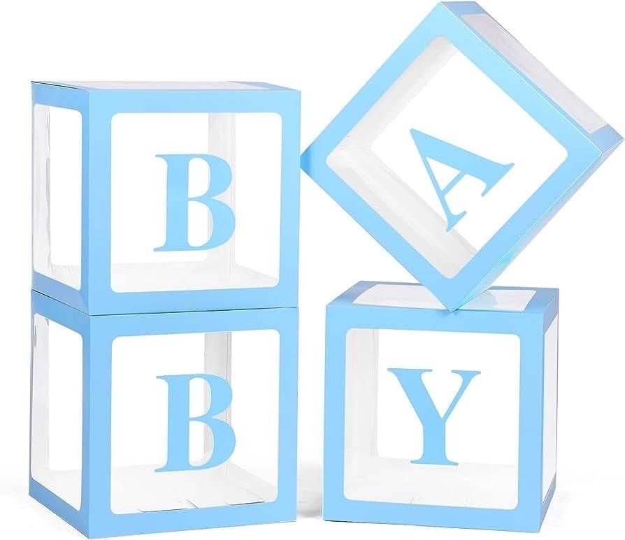 set 4 cutii transparente, BABY, 30x30 cm, bleu, roz si gri