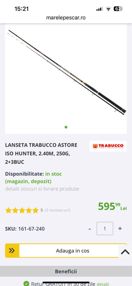 Lansete Trabucco Astore Iso Hunter 2,40m,250gr,2+3 buc,1200 lei.