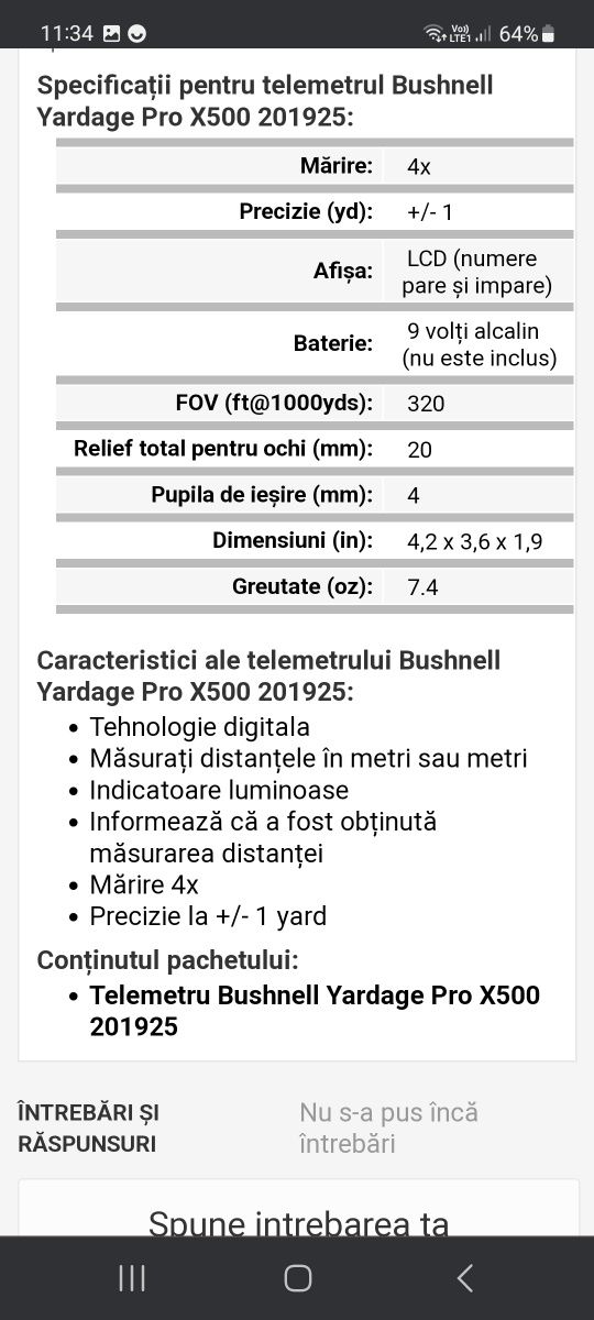 Telemetru Bushnell Yartage Pro X500