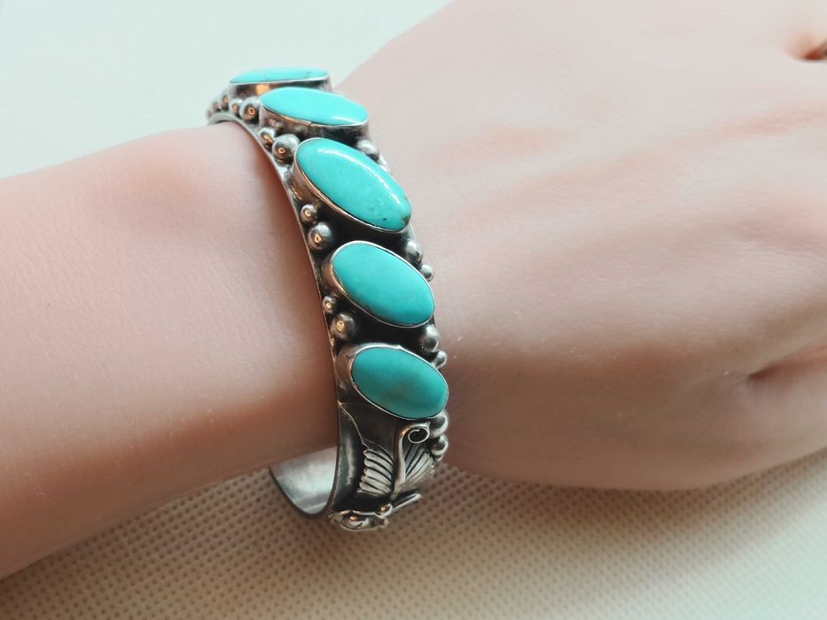 Brățară din argint 925 cu 5 cabochonuri de turcoaz natural, Navajo