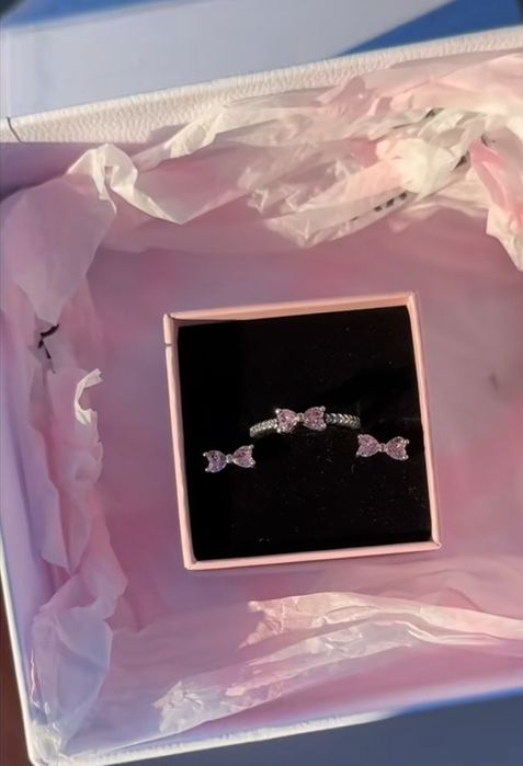 Set Pandora argint 925 inel cercei funda roz pink bow si cutie