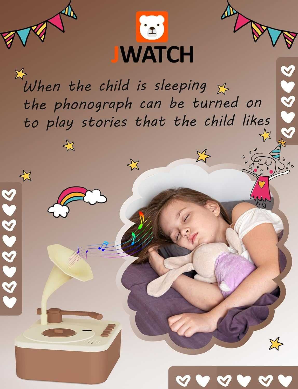 Детски фонограф Jwatch с 99 цветни карти, за деца на 3-6 години(кафяв)
