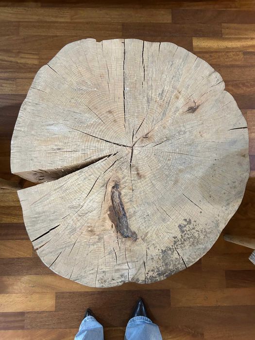 Masă de cafea din trunchi de lemn masiv, pe roți