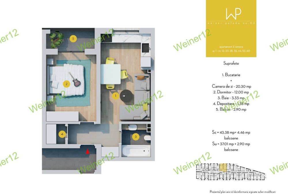 Apartament 2 camere Studio Str Weiner Palada Nr.2 Proiect Nou Militari