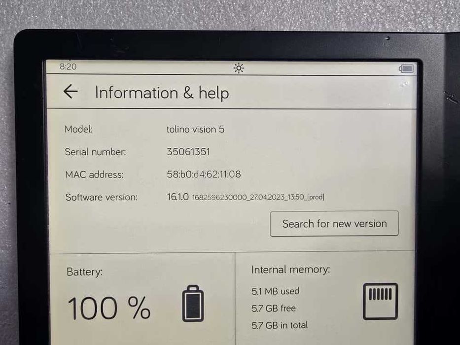 eBook Reader Tolino Vision 5, 7", 8GB, Rezolutie 1440 x 1920, Negru