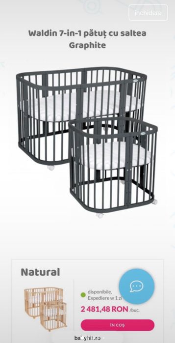 Pat bebe Waldin 7 în 1, modern și funcțional, culoarea graphit