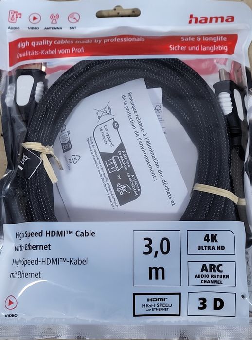 Cablu Hama HDMI Ethernet 3m, 4K, viteza mare, conectori auriti, nou