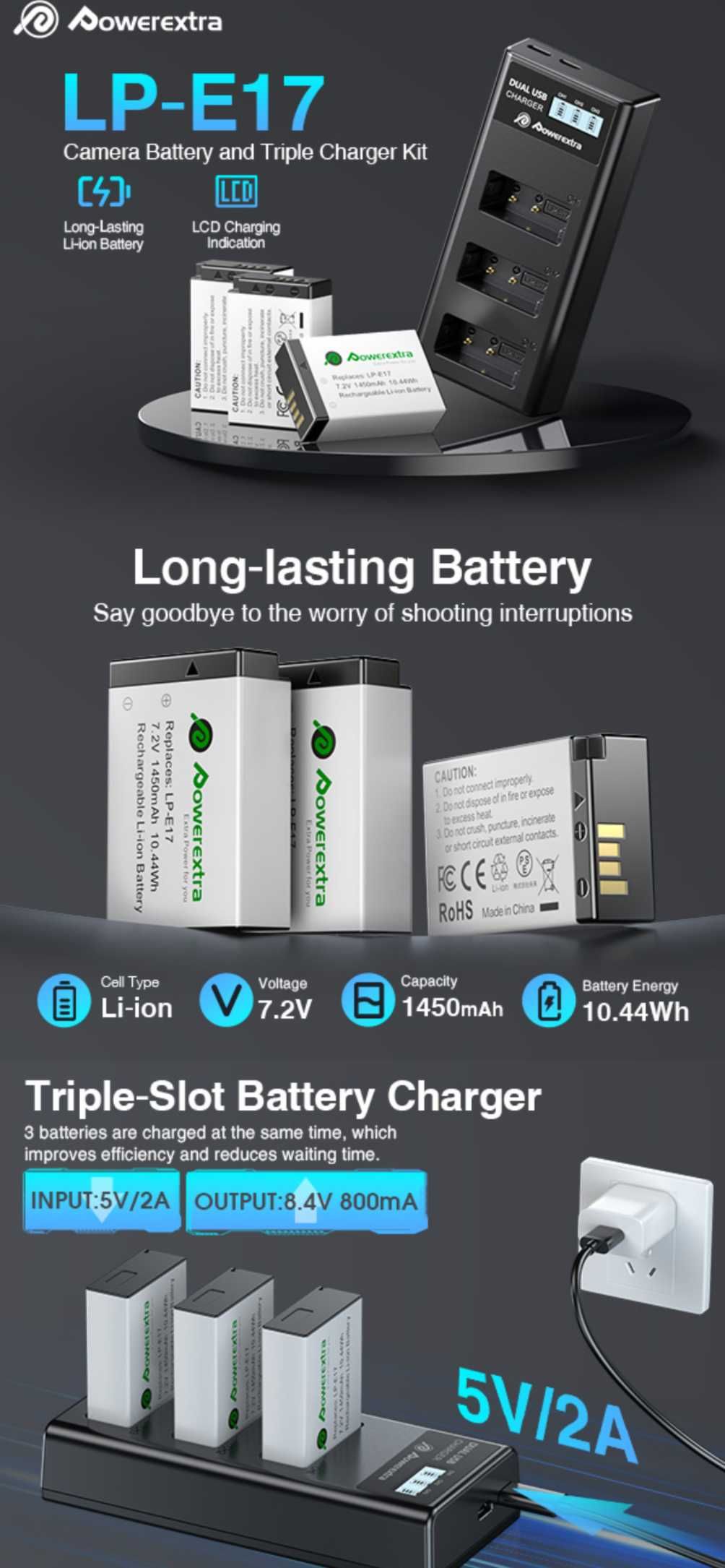 Батерии Powerextra LP-E17 3 бр. 1450mAh със зарядно 3 слота за Canon