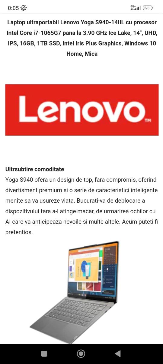 Laptop ultraportabil Lenovo Yoga S940-14IIL cu procesor Int