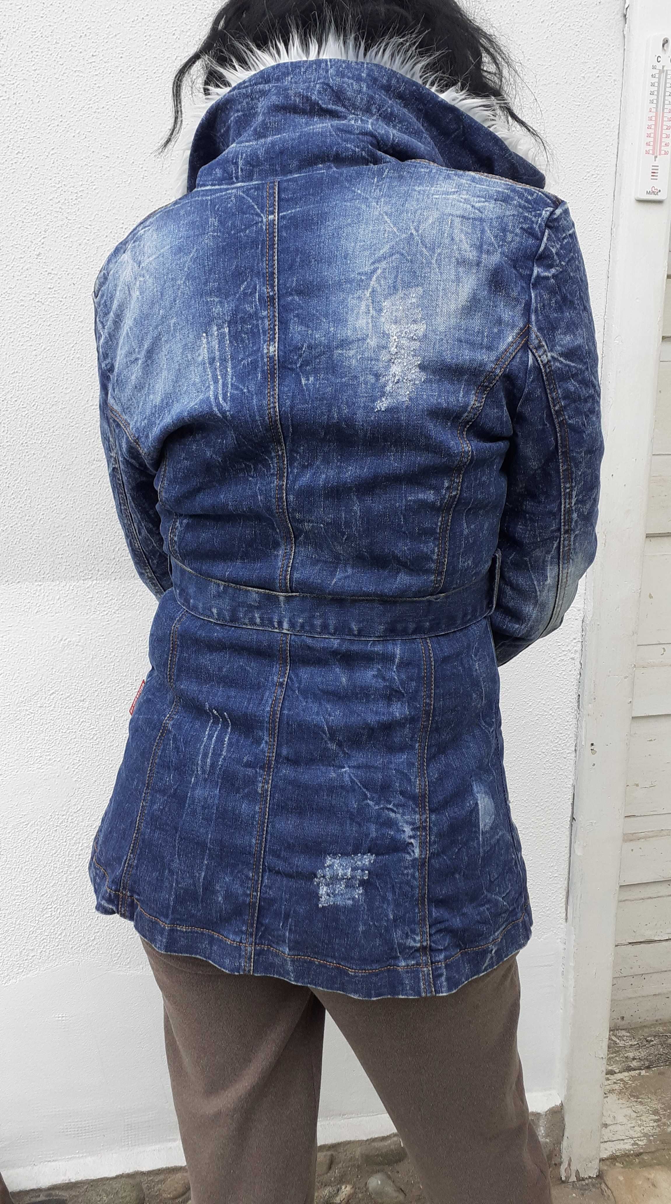 Palton matlasat damă M geacă femei blugi haină cu guler de blăniță