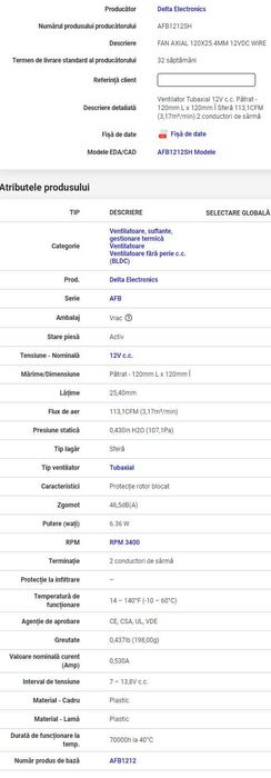 Ventilator Delta AFB1212SH 120mm PWM 3400 RPM
