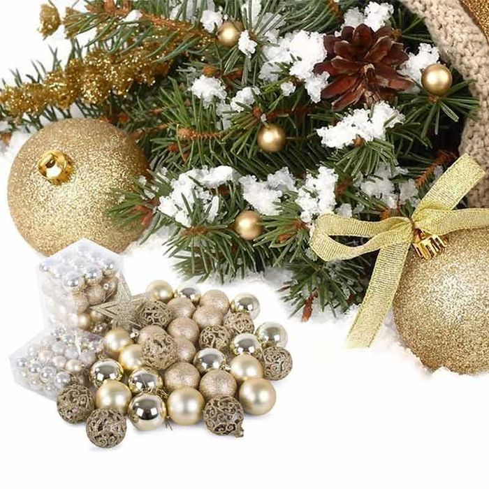 Златист комплект коледни топки 100 броя, различни размери и звезда