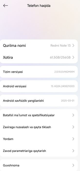 Redmi note 13 xotirasi 8+6ga 256