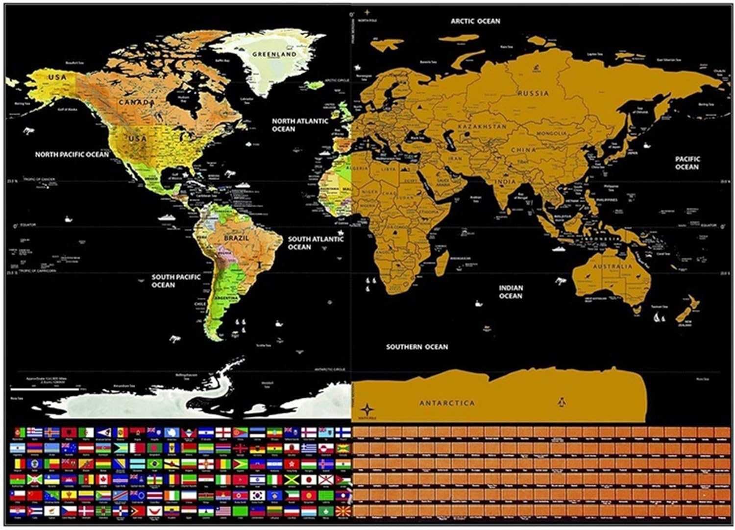 Harta lumii de razuit cu steaguri pentru pasionatii de calatorii 82x59