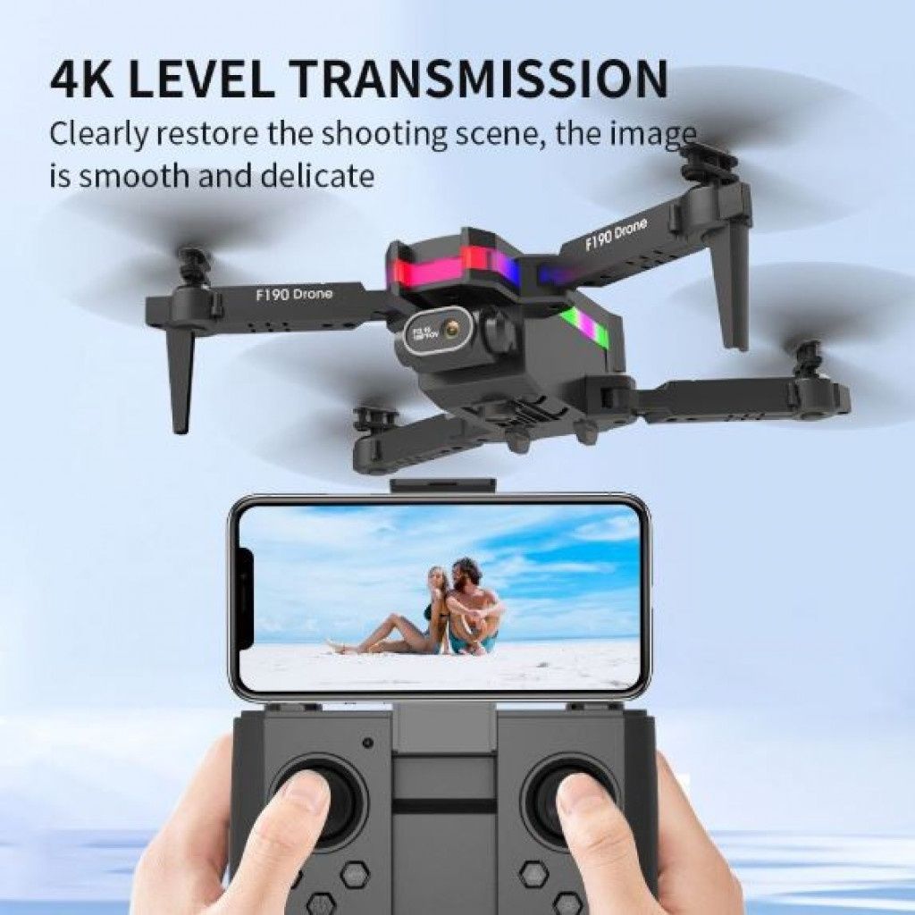 Дрон F190 с 4K камера, LED светлини и WiFi – Черен модел с висока мане