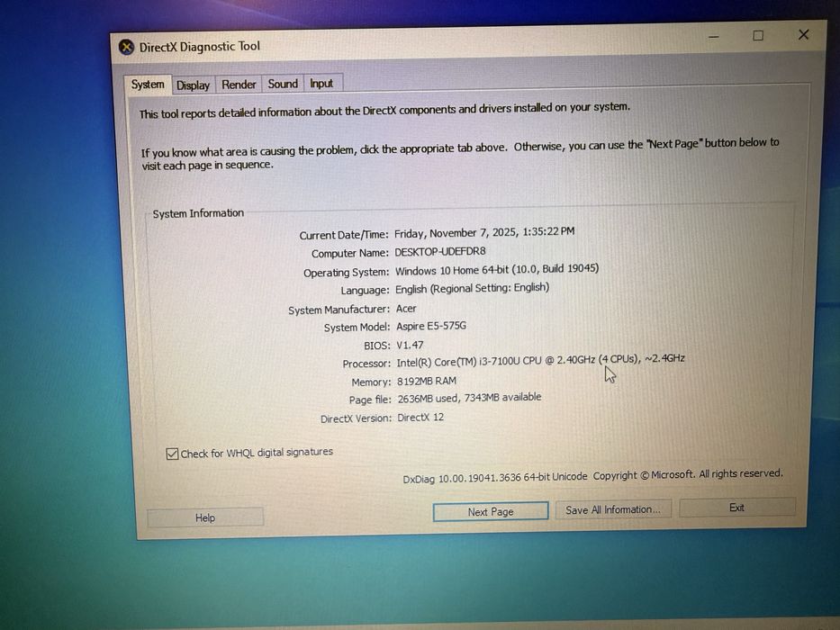 Laptop Acer Aspire E5-575G i3-7100U CPU 2.40GHz (4 CPUs), 8gb ram