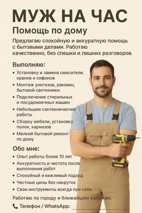 Муж на час, быстро, аккуратно, недорого