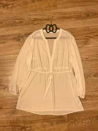 Camașă albă transparentă guler tip tunică, cu cordon în talie