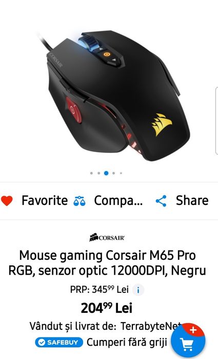 Mouse gaming Corsair M65 Pro RGB, senzor optic 12000DPI, Negru
