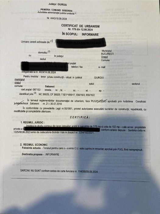 Vand teren intravilan in Sabareni, jud Giurgiu