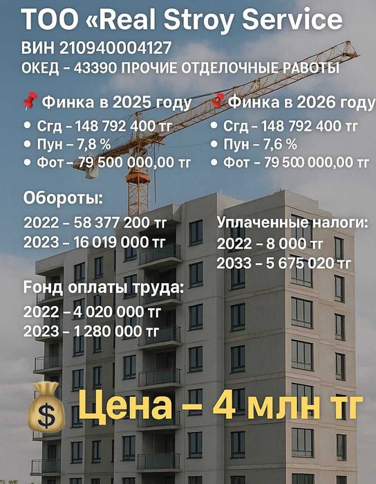 ТОО  с Фин Устойчивостью готова для тендер 140 млн Астана