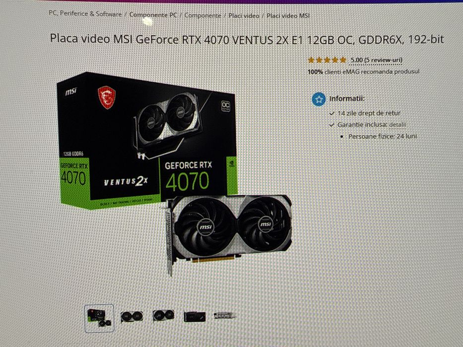Placa video MSI GeForce RTX 4070 VENTUS 2X 12GB OC, GDDR6X garantie
