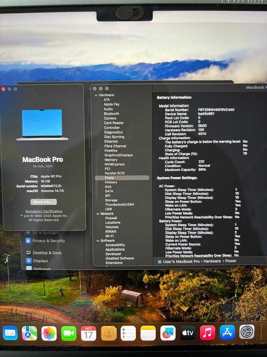 MacBook Pro 16" (2021, M1 Pro) – 16GB RAM, 512GB SSD, 231 cicluri