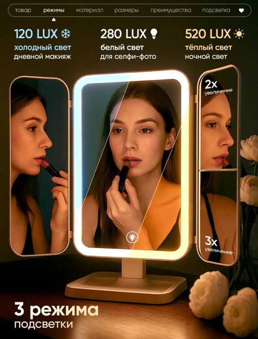 Зеркало настольное для макияжа с подсветкой косметическое USB