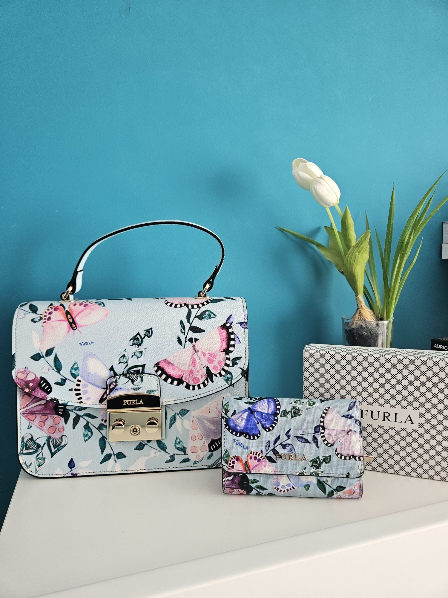 Set Furla Metropolis top handle butterfly print #fiordaliso