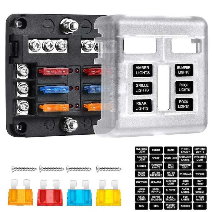 Set panou sigurante auto cu 6 iesiri, 12 V, sigurante 5A 10A 15A 20A