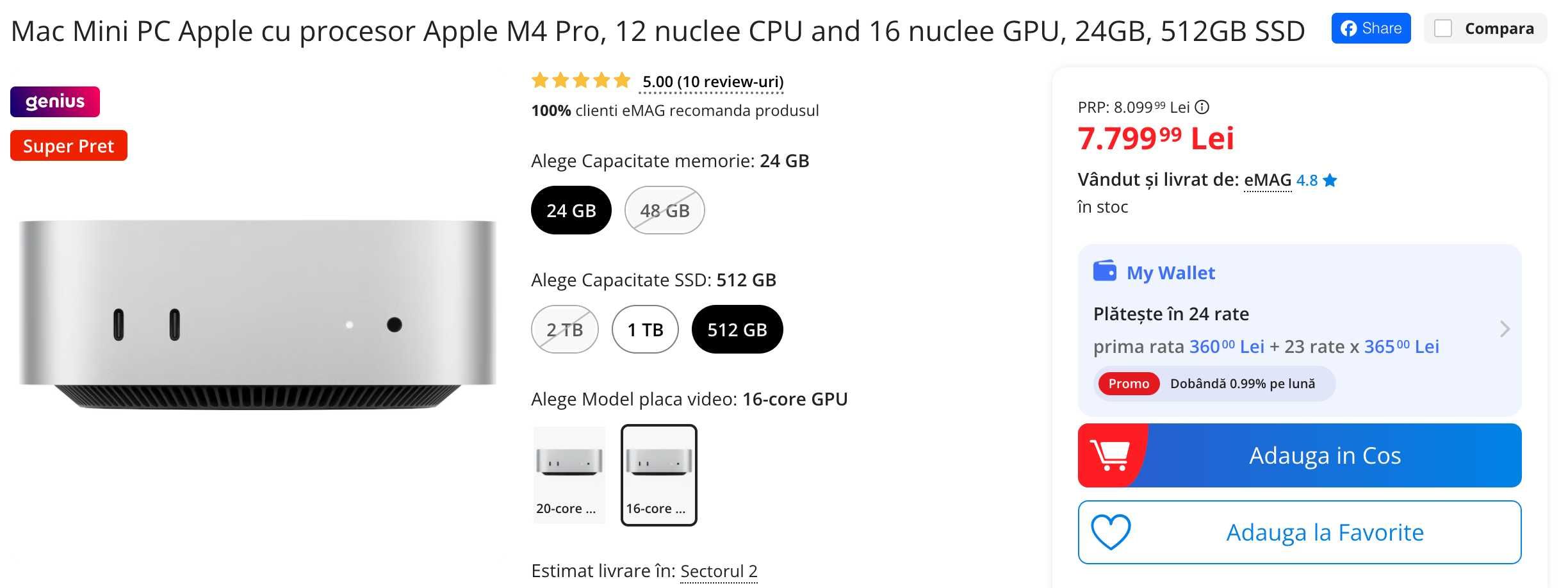 Mac Mini PC M4 Pro, 12 nuclee CPU and 16 GPU, 24GB, 512GB, SIGILAT
