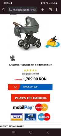 Carucior Krausman - Carucior 3 in 1 Rider Soft Grey + garanție