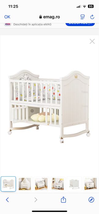 Patut Bebe Lemn,Alb, Saltea Cocos,Cadou Carusel cu muzica si proiectie