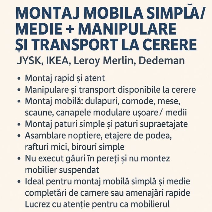 Montaj și asamblare mobilă – Sibiu, județul Sibiu