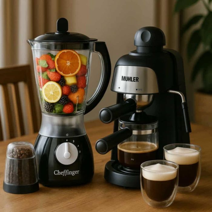 Комплект от еспресо машина   + 2 стъклени чаши и блендер с мелничка