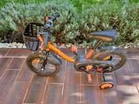 Bicicletă copii B'TWIN portocalie, 12 inch, cu roți ajutătoare și coș