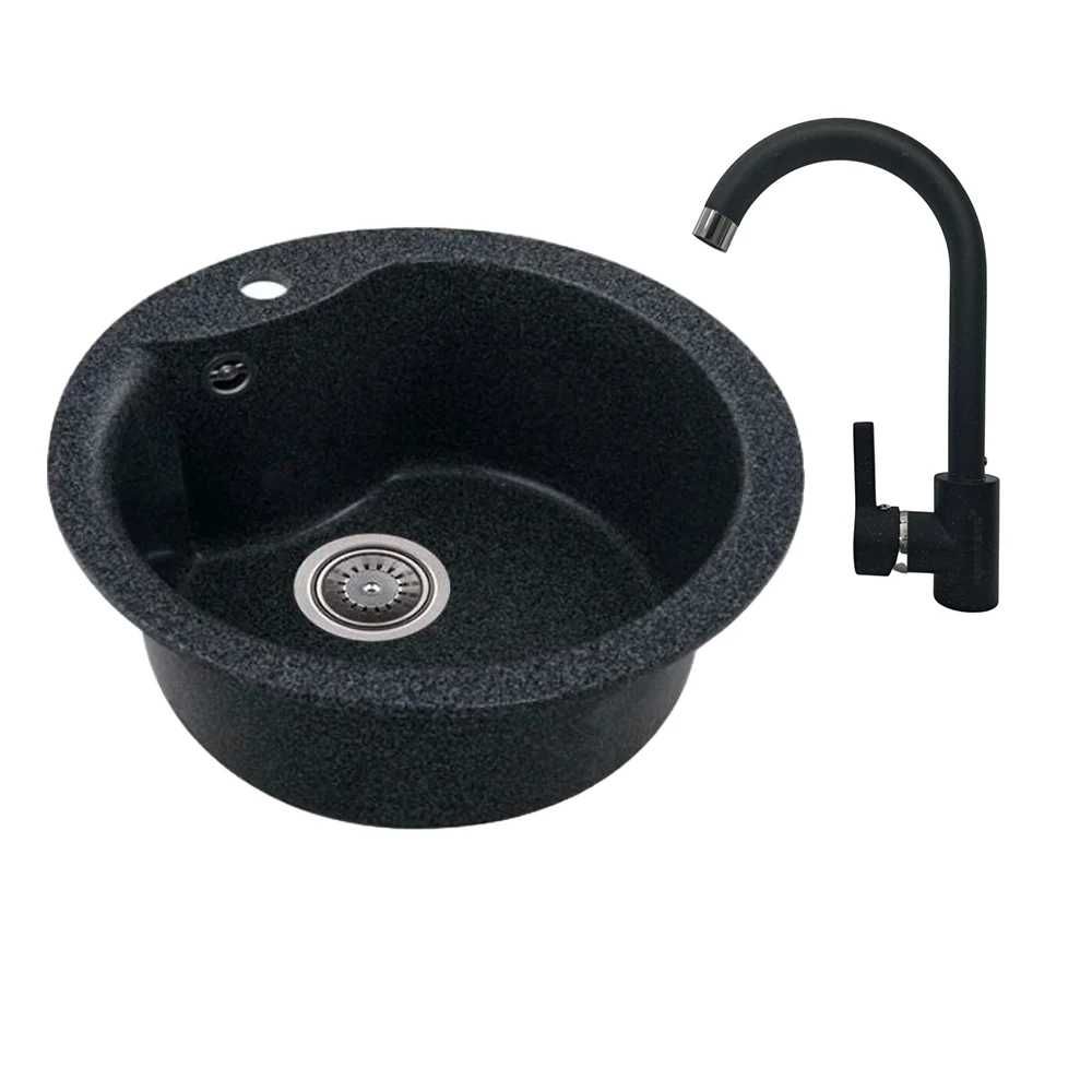 Chiuveta bucatarie granit compozit negru / bej cuva rotunda 49 cm