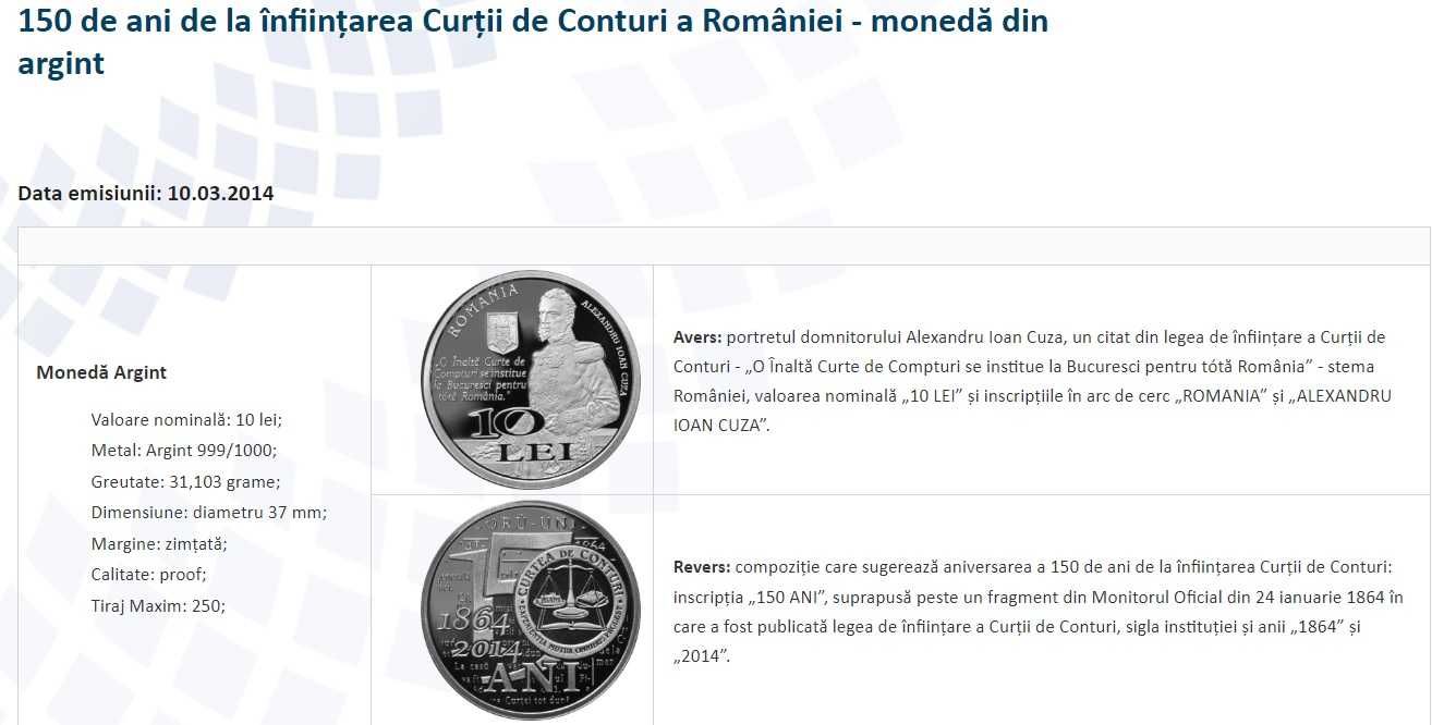 Moneda BNR 10 lei argint Curtea de Conturi gradata NGC PF 69 UC