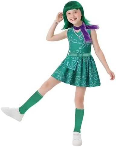 Нов Детски карнавален костюм Disgust Inside Out рокля с перука 9 части