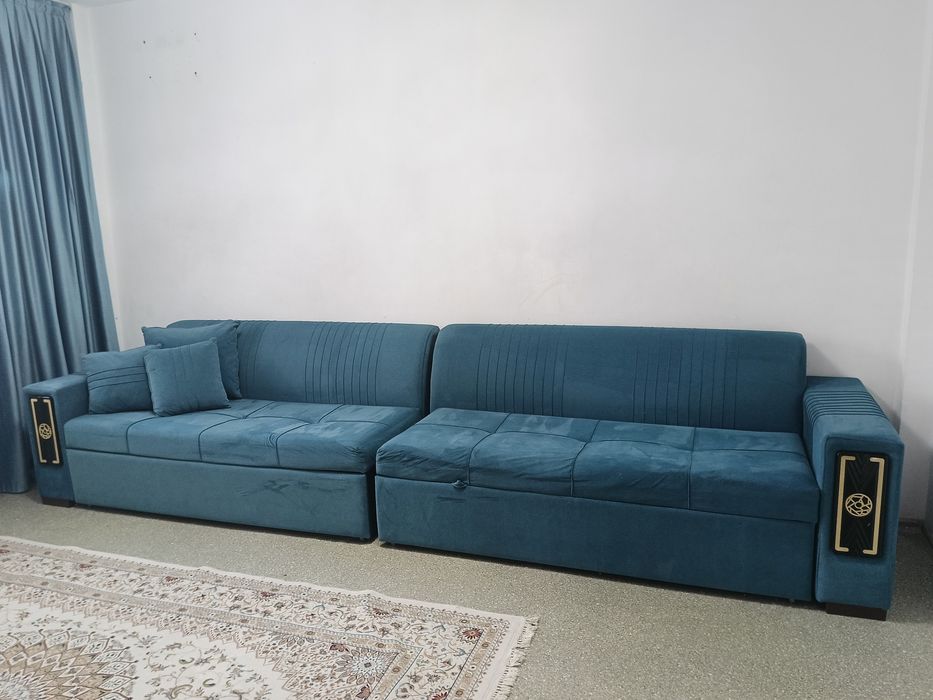 Диван прямой , 400х90 см, обивка велюр, бирюзовый