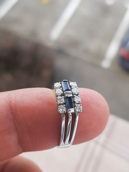Inel din aur alb 18kt safire baghetă și diamante