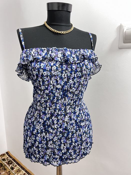 Bluza maiou top cu flori din voal albastru alb