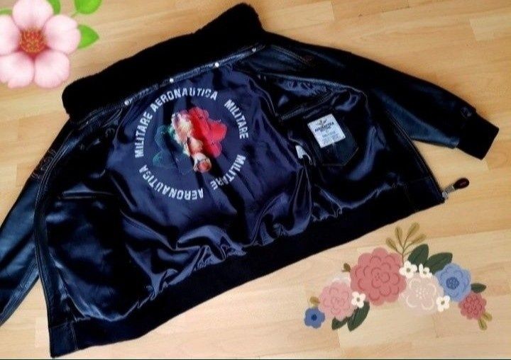 Geaca piele naturala Aeronautica Militare, guler detasabil blanita nat