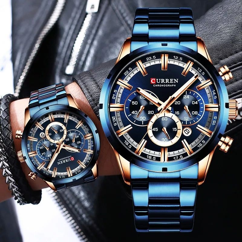 Мужские стильные часы CURREN с синим циферблатом из нержавеющей стали