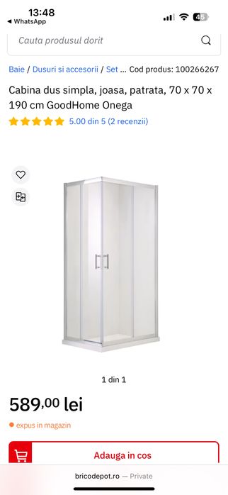 Cadita dus 70x70 plus cabina + rezervor WC