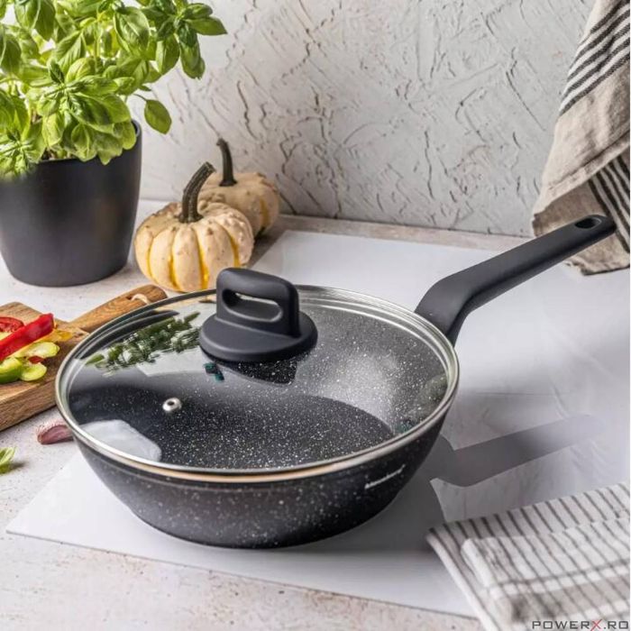 Tigaie din aluminiu turnat, marmorata, cu capac, neagra, 24cm,