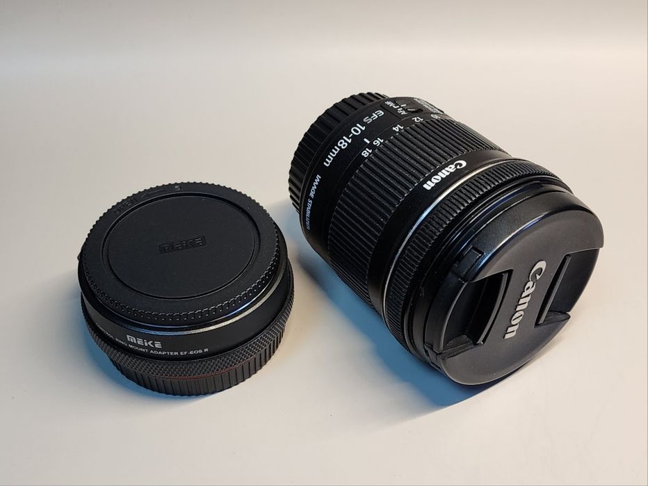 obiectiv Canon EF-S 10-18mm, opțional adaptor EF-RF Meike control ring
