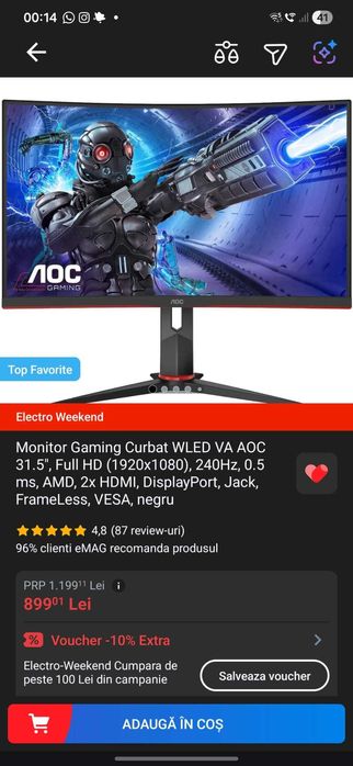 Monitor Curbat Gaming LED VA AOC 31.5", FHD, 240Hz, response time 1ms