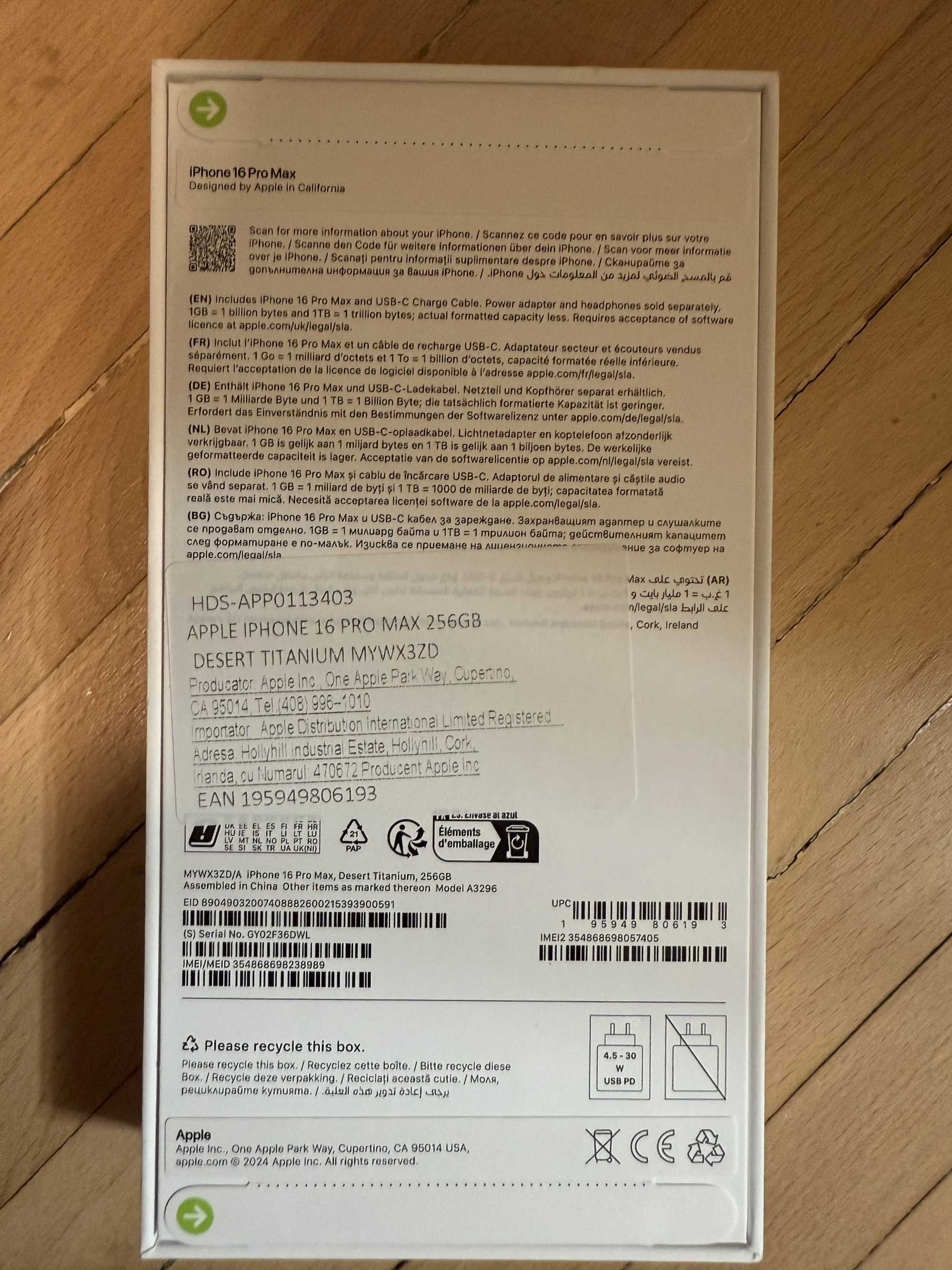 Telefon mobil Apple iPhone 16 Pro Max, 256GB, 5G, Desert Titanium